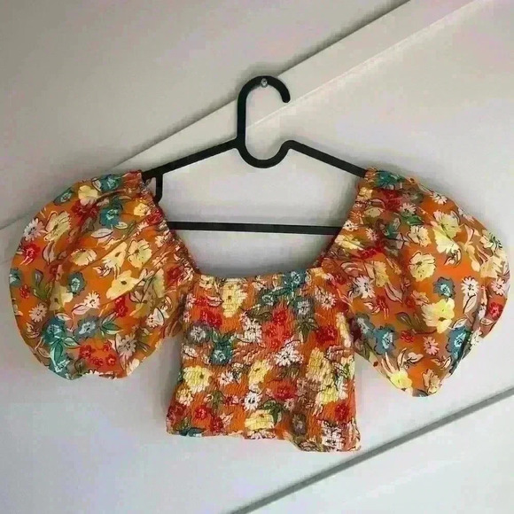 Zara Multicolored Orange Floral Print Puff Sleeves Flounce Top Size  S - Picture 4 of 7